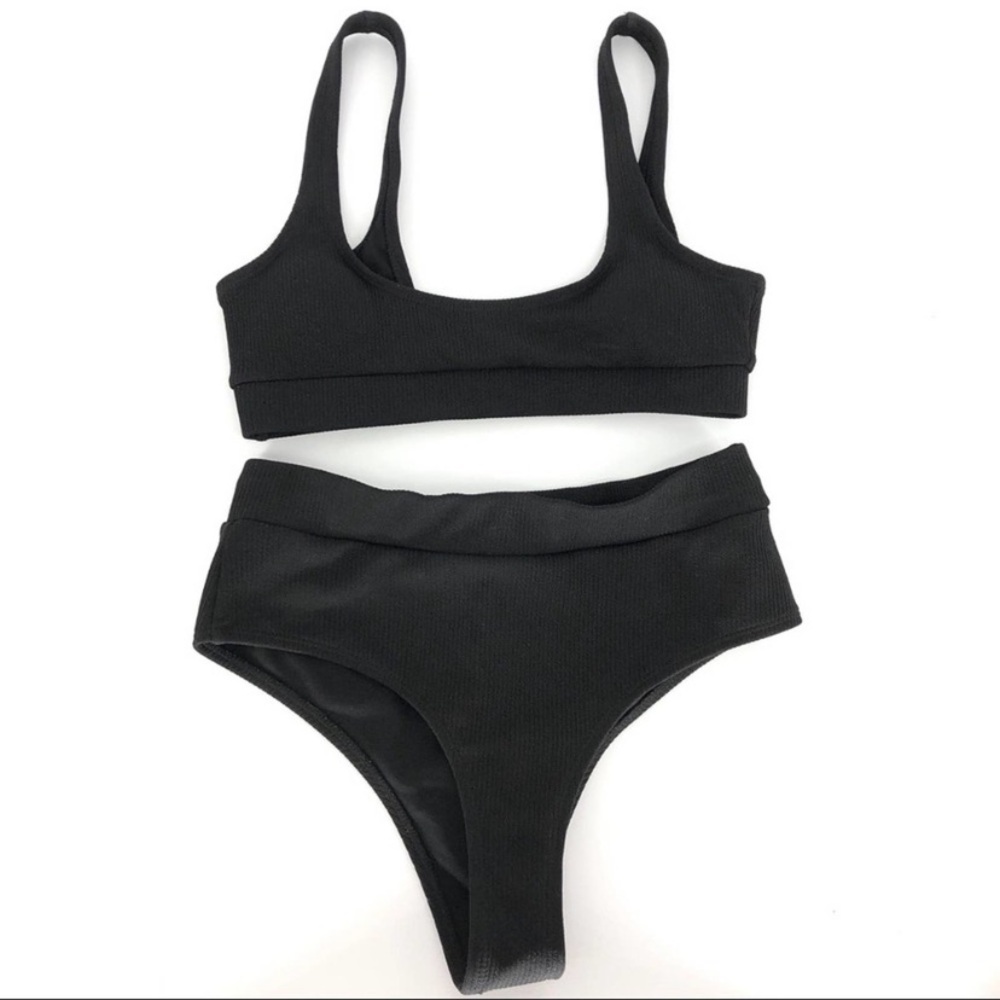 Black Ribbed Bikini High Waist High Cut S